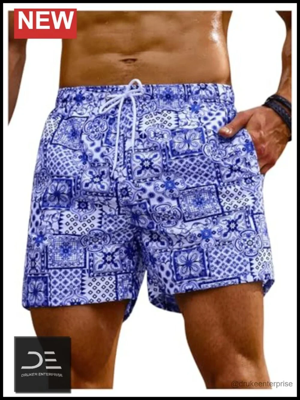 Men's Floral Swim Trunks with Pocket Hawaiian Beach Shorts